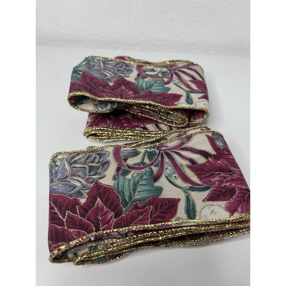 Vintage‎ Christmas Burgundy Poinsettia Gold Edge Wired Ribbon 2.25"W